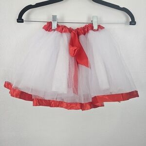 Girls White Tulle Tutu‎ Skirt Red Satin Trim Bow Costume Dance Recital Dress Up